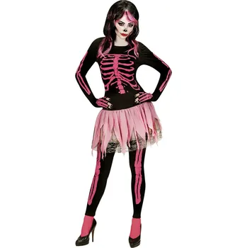 Karnevalový kostým Dámský kostým růžový kostlivec (tričko, kalhoty, tutu sukně, rukavice bez prstů) - M