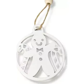 Vánoční dekorace Dekorace - Závěs dřevo koule perníček bílá 7cmx12