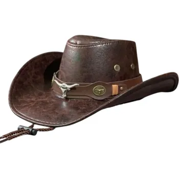 Klobouk Kovbojský klobouk 56–58 cm s širokou krempou a ozdobným páskem Umělá kůže Stylový westernový doplněk s provázkem pod bradu hnědá