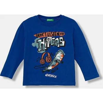 Chlapecké tričko Dětské bavlněné tričko s dlouhým rukávem United Colors of Benetton modrá barva, s potiskem, 35RYG10K4 35RYG10K4.P.seasonal 55A, vel. 82