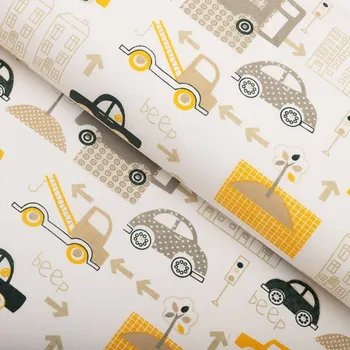 Dětská bavlněná látka/plátno Sandra SA-672 Žlutá a šedohnědá auta ve městě na bílém - šířka 160 cm