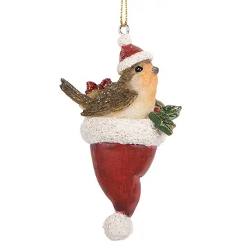 Vánoční ozdoba Závěsná vánoční ozdoba ptáček ve vánoční čepici – 9 cm