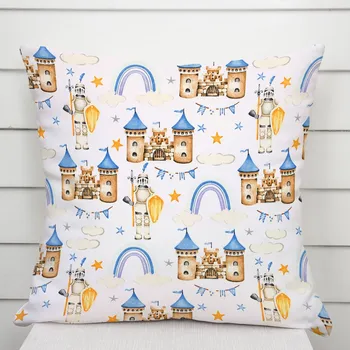 Povlak na dekorativní polštářek Dětský bavlněný povlak na polštář Sandra SA-666 Modro-hnědé hrady a rytíři na bílém 50 x 50 cm