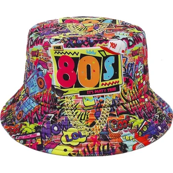 Klobouk Rybářský klobouk retro styl 80. let Polyesterový klobouk s potiskem Unisex módní doplněk na léto Festival outdoor dovolená