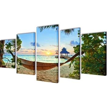 Obraz Sada obrazů, tisk na plátně, písečná pláž s houpací sítí, 100 x 50 cm IM_241562