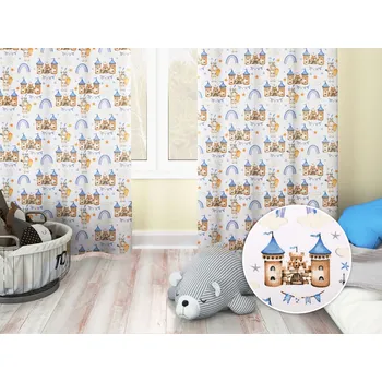 ubrus Dětský bavlněný závěs Sandra SA-666 Modro-hnědé hrady a rytíři na bílém 150x150 cm