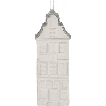 Vánoční ozdoba Závěsná vánoční ozdoba bílý domeček se stříbrnou střechou – 4x4x11 cm
