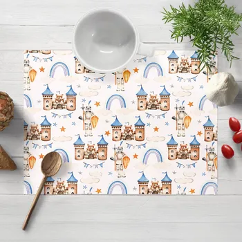 prostírání Dětské bavlněné prostírání na stůl Sandra SA-666 Modro-hnědé hrady a rytíři na bílém 35x45 cm
