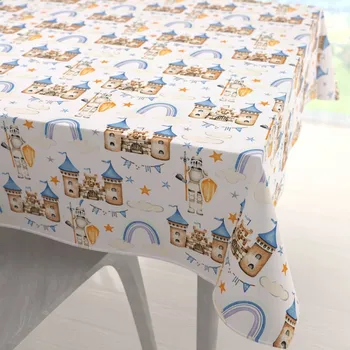 ubrus Dětský bavlněný čtvercový ubrus Sandra SA-666 Modro-hnědé hrady a rytíři na bílém 90x90 cm