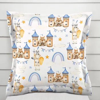 Povlak na polštářek Dětský bavlněný povlak na polštář s lemem Sandra SA-666 Modro-hnědé hrady a rytíři na bílém 50 x 60 cm