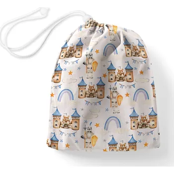 Školní sáček Bavlněný pytlík/sáček na přezůvky Sandra SA-666 Modro-hnědé hrady a rytíři na bílém
