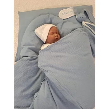 Zavinovačka Pro útulný domov Péřová zavinovačka mušelínová Blue modrá Sada 4V1 TYP zavinovačky: KLASIK, ROZMĚR zavinovačky a polštářku: 70 x 70 cm + 40 x 60 cm