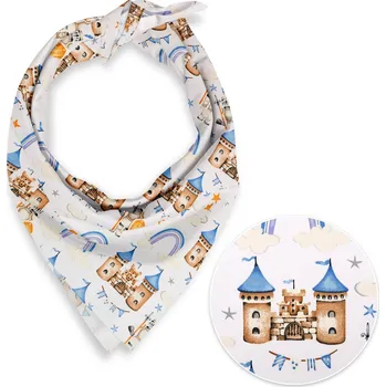 Dětský bavlněný šátek Sandra SA-666 Modro-hnědé hrady a rytíři na bílém 55 x 55 cm