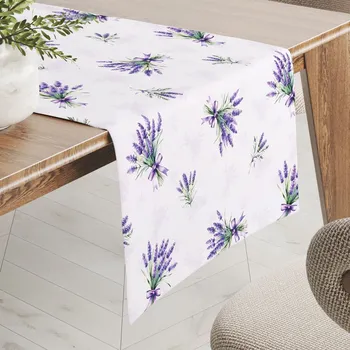 ubrus Teflonový běhoun na stůl TF-128 Snítky levandulí na bílém 20x140 cm