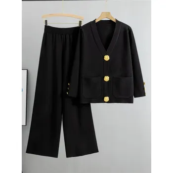 Dámský úpletový set – kardigan s knoflíky a volné kalhoty Barva: Černá, Velikost: S