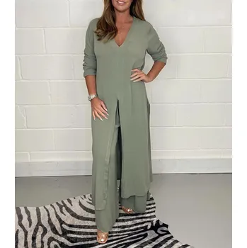 Elegantní dvoudílný komplet – halenka a široké kalhoty Barva: Zelená, Velikost: L