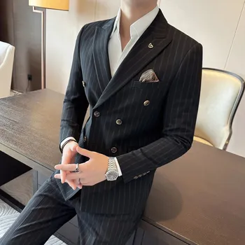 Pánský oblek Podzimní business komplet – proužkovaný styl s britským nádechem Velikost: XL, Barva (Varianta): Černá