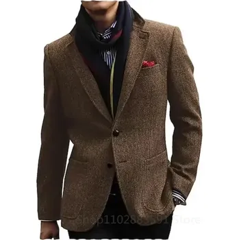 Pánské sako Jednořadé sako rybí kost – ležérní business styl pro ženicha Velikost: M, Barva (Varianta): Brown Herringbone