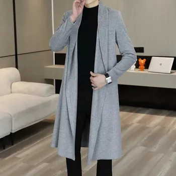 Pánský kabát Dlouhý cardigan kabát – stylový kousek pro podzimní outfity Velikost: XXS, Barva (Varianta): Světle šedá