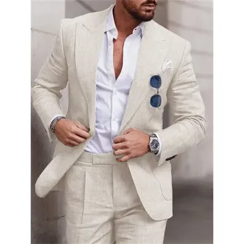 Lněný dvoudílný oblek – elegantní letní set na svatby a párty Velikost: S, Barva (Varianta): Béžová