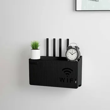 Úložný box Moderní nástěnná wifi polička s úložným boxem | krabička na wifi - Černý