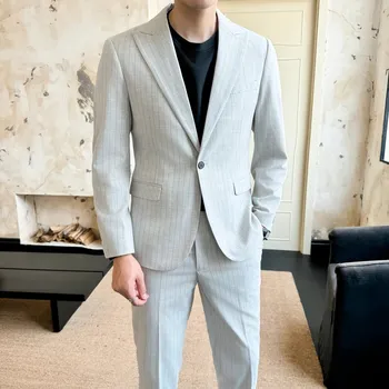 Pánský oblek Elegantní dvoudílný oblek – proužkovaný styl pro večeři Velikost: 3XL, Barva (Varianta): White and grey