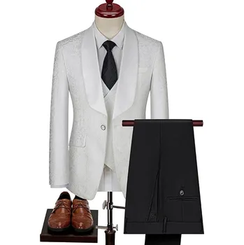 Pánský oblek Třídílný oblek s vestou – žakárový vzor pro business i svatby Velikost: XS, Barva (Varianta): Bílá