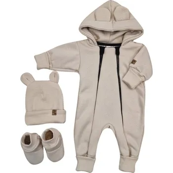 Kojenecká souprava Kazum 3D oteplený overal bez šlapek s kapucí + čepička + botičky béžový 56