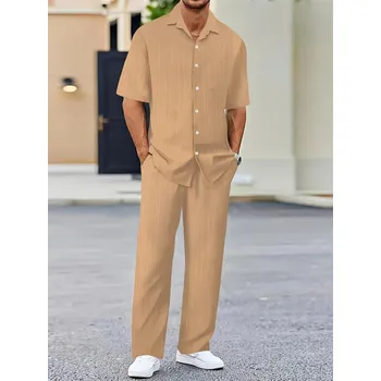 Pánská letní sada – košile a kalhoty v klasickém stylu Barva: Khaki, Velikost: S