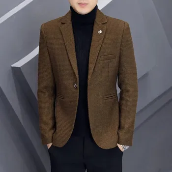 Pánské sako Zateplené sako – trendy podzimní kabát v úzkém střihu Velikost: S, Barva (Varianta): Hnědá