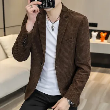 Pánské sako Kostkované sametové sako – korejský módní styl Velikost: 4XL, Barva (Varianta): Kávová