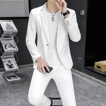 Pánský oblek Korejský pánský oblek s páskem ve slim střihu – dvoudílný set Velikost: M, Barva (Varianta): Bílá