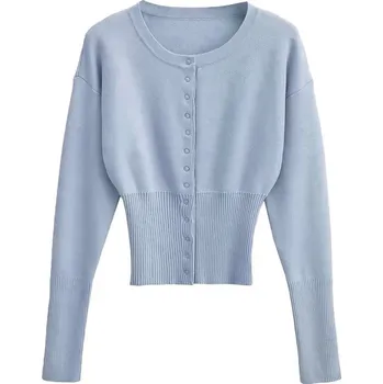 Dámský svetr Krátký dámský cardigan – žebrovaný, přiléhavý, na zapínání Barva: Modrá, Velikost: M