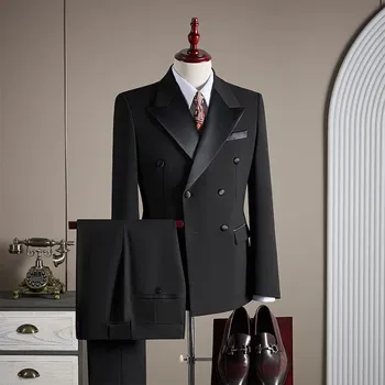 Pánský oblek Luxusní oblek s třásněmi a vestou – svatební set pro ženicha Velikost: XL, Barva (Varianta): Černá