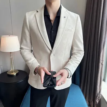 Semišové business sako – elegantní korejský slim střih Velikost: 3XL, Barva (Varianta): Apricot color