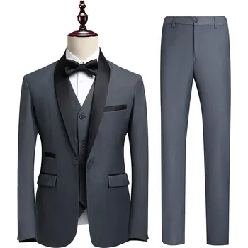 Pánský oblek Stylový třídílný oblek s kulatým límcem – pro svědka i ženicha Velikost: XXS, Barva (Varianta): Tmavě šedá