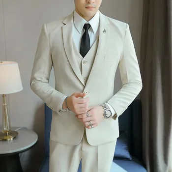 Pánský oblek Stylový třídílný set – business komplet se sakem, vestou a kalhotami Velikost: XS, Barva (Varianta): Aprikotová