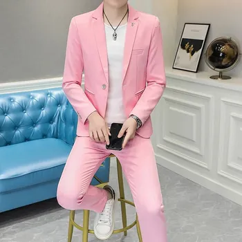 Pánský oblek Dvoudílný korejský pánský oblek – moderní střih Velikost: XL, Barva (Varianta): Růžová