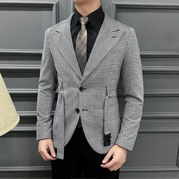 Pánský oblek Kostkovaný retro oblek – stylový slim střih pro jaro Velikost: XXS, Barva (Varianta): Šedá