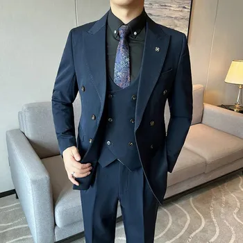 Pánský oblek Třídílný svatební oblek – formální slim střih s vestou a kalhotami Velikost: XXS, Barva (Varianta): Tmavě modrá