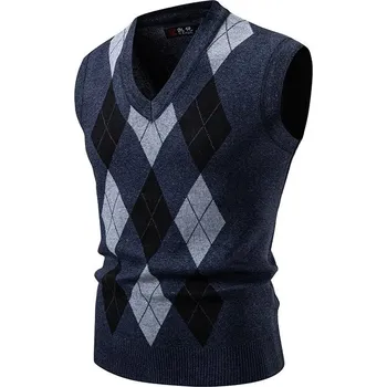 Pánský svetr Pánská svetr vesta s výstřihem do V a kostkovaným vzorem Barva: Tmavě Modrá, Velikost: M