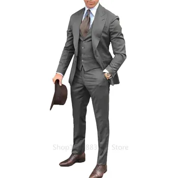 Pánský oblek Třídílný svatební oblek – úzký střih s klopou do špičky Velikost: S, Barva (Varianta): Šedá