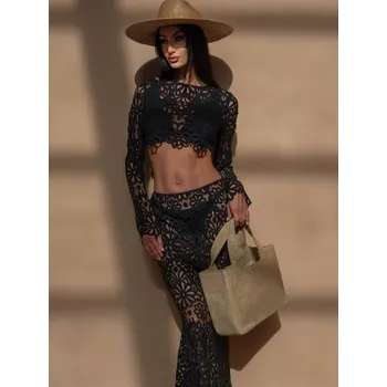 Dámská plážová sada – crop top s výšivkou a dlouhá sukně Velikost: L, Barva (Varianta): only black top