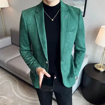Pánské sako Semišové business sako – elegantní korejský slim střih Velikost: M, Barva (Varianta): Tmavě zelená
