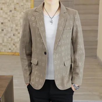 Slim oblek s potiskem – korejský styl pro volný čas Velikost: L, Barva (Varianta): Khaki