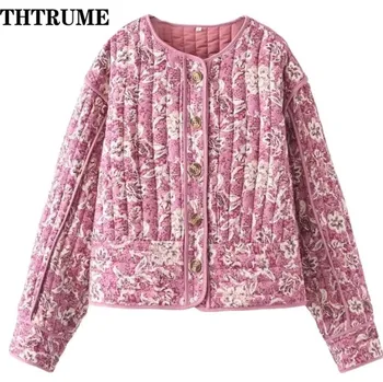 Dámská softshellová bunda Dámská prošívaná bunda s květinovým potiskem – vintage styl Velikost: S, Barva (Varianta): Růžová