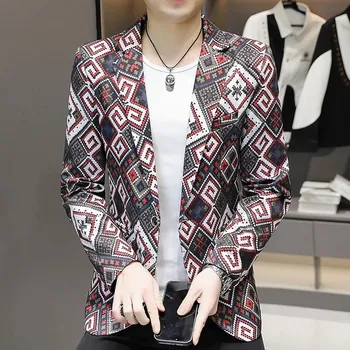 Módní potištěné sako – zpěvácký styl pro muže Velikost: XS, Barva (Varianta): Červená