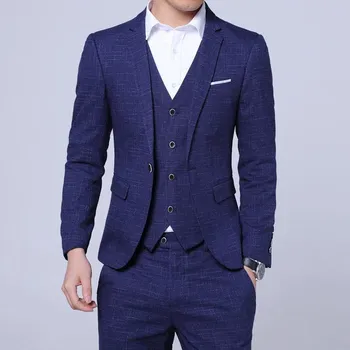 Pánský oblek Třídílný groom set – elegantní svatební oblek s vestou a kalhotami Velikost: L, Barva (Varianta): Modrá
