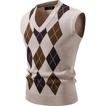 Pánský svetr Pánská svetr vesta s výstřihem do V a kostkovaným vzorem Barva: Béžová, Velikost: L