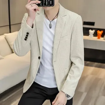 Pánské sako Kostkované sametové sako – korejský módní styl Velikost: 3XL, Barva (Varianta): Béžová